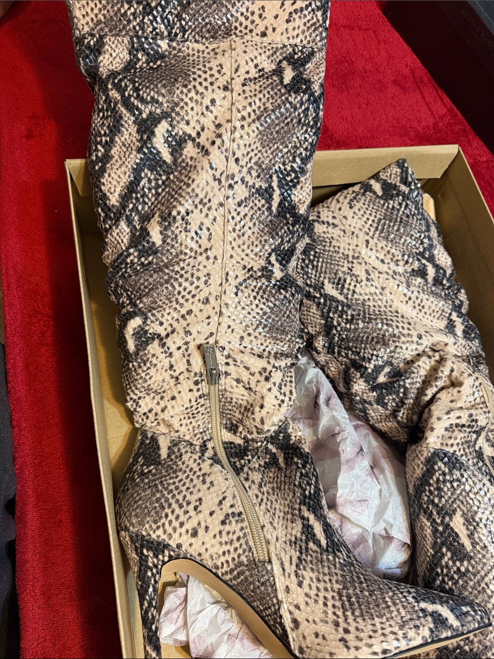 Jessica Simpson Beige and Black Snake-Print Over-the-Knee Boots
